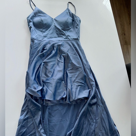 Spencer Satin High-Low Formal Dress in powder Blue - Picture 2 of 5
